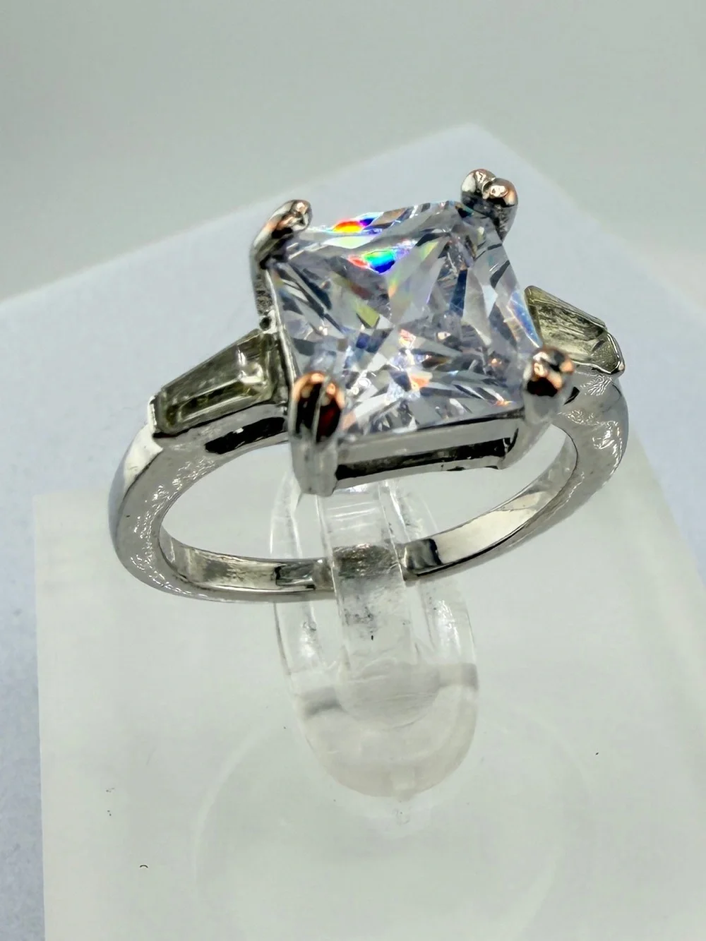 Princess Cut 3 Carat Silver Tone CZ Three Stone Engagement Ring Size 8-1/2